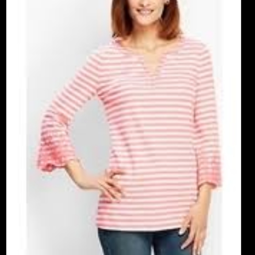 Talbots Striped Split-Neck, Embroidered Sleeve Top - image 2